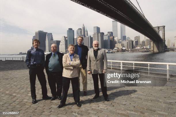 Irish folk group The Chieftains standing under the Brooklyn Bridge, New York City, 2001. Left to right: Kevin Conneff, Derek Bell, Paddy Moloney,...