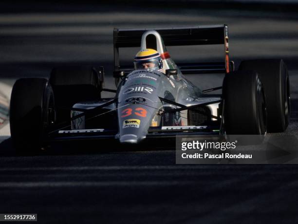 Roberto Moreno from Brazil drives the EuroBrun Racing EuroBrun ER189B Judd V8 during prequalifying for the Formula One Portuguese Grand Prix on 21st...