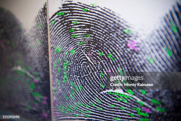 close up detail of fingerprint on screen in forensic laboratory - kriminaltechnik stock-fotos und bilder