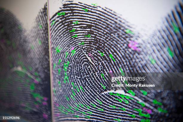 close up detail of fingerprint on screen in forensic laboratory - busta per la raccolta di prove incriminatorie foto e immagini stock