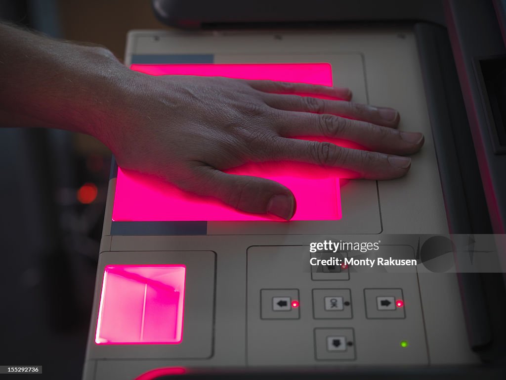 Hand Scanningf Machine Close Up Up Man Scanning Hand For Fingerprints On Machine In Laboratory ...