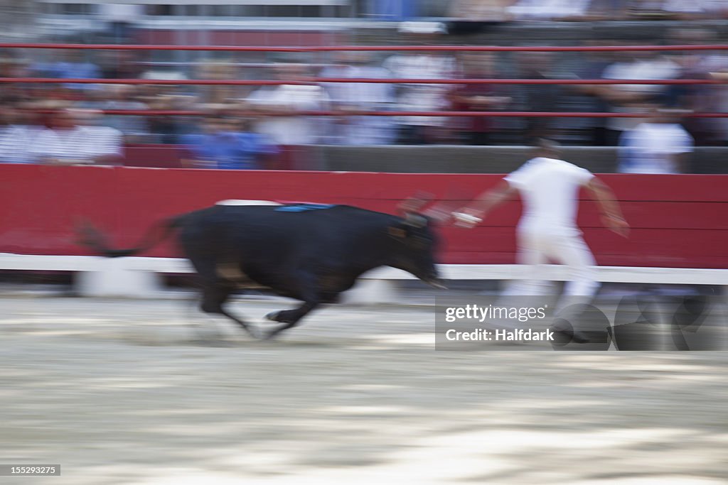 A bull chasing a man in an arena