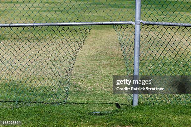 a hole in a chainlink fence - damaged fence stock pictures, royalty-free photos & images