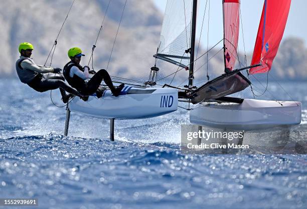 Doiphode Siddheshwar and Ramya Saravanan of India compete in a Mixed Multihull Class race on day three of the Paris 2024 Sailing Test Event at...