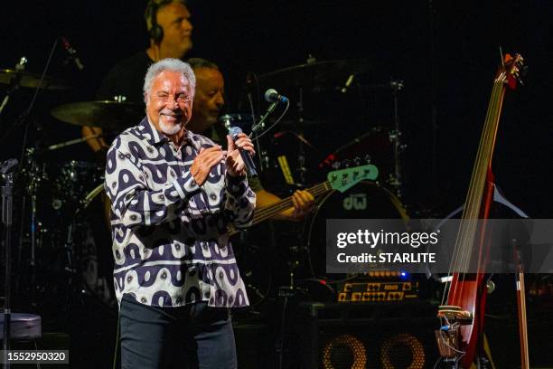 British singer Tom Jones performs on stage during Starlite Occident 2023 at Cantera de Nagüeles on July 10, 2023 in Malaga, Spain.