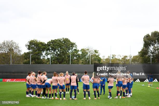 Players of England form a huddle prior to an England Training Session at Spencer Park on July 18, 2023 in Brisbane, Australia.