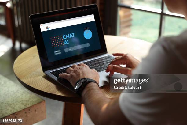 laptop with artificial intelligence screen - fake advertisement stock pictures, royalty-free photos & images