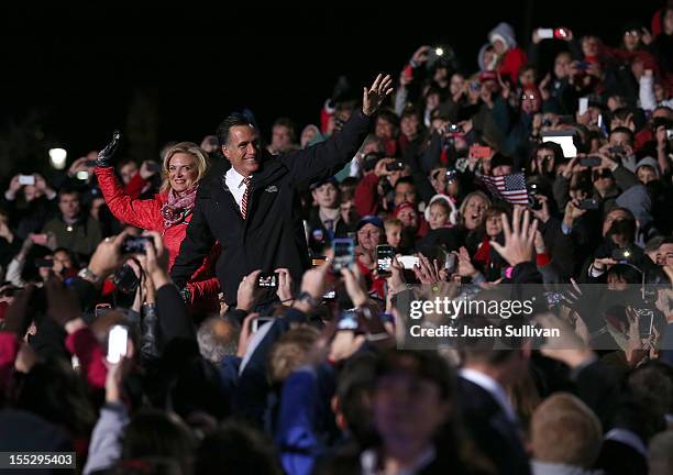 Republican presidential candidate, former Massachusetts Gov. Mitt Romney and his wife Ann Romney greet supporters during a campaign rally at The...