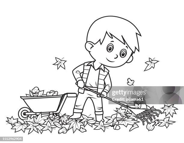 junge sammelt blätter - ausmalen stock-grafiken, -clipart, -cartoons und -symbole