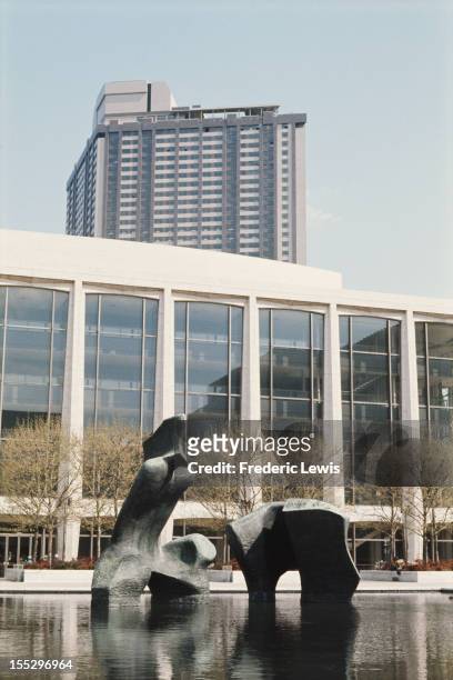 Henry Moore sculpture entitled 'Reclining Figure' outside the Lincoln Centre for the Performing Arts in Manhattan, New York City, circa 1960.