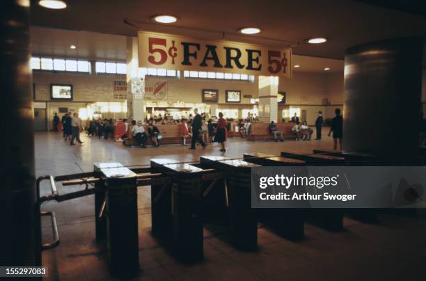 The Staten Island Ferry station in New York City, advertising a 5 cent fare, October 1969.