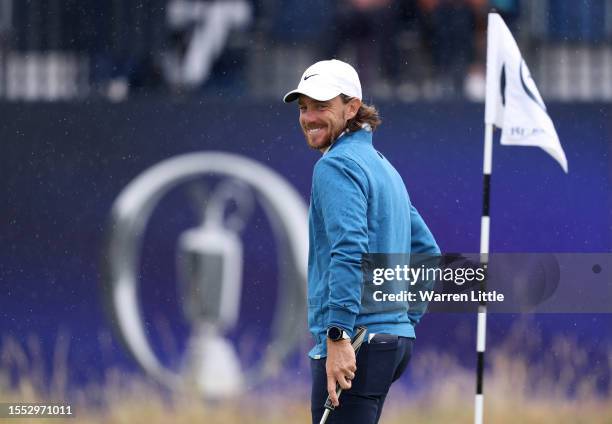 Tommy Fleetwood of England on the 3rd green during a practice round prior to The 151st Open at Royal Liverpool Golf Club on July 18, 2023 in Hoylake,...
