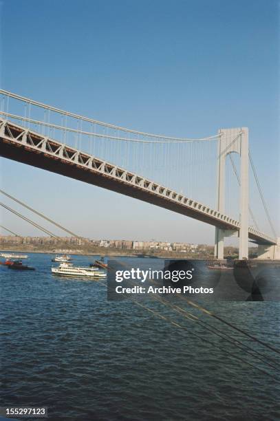 The Verrazano-Narrows Bridge between Staten Island and Brooklyn in New York City, circa 1965.