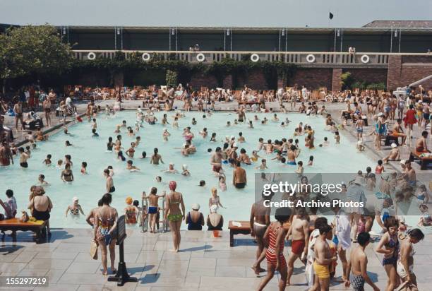 The swimming pool at Jones Beach State Park, Long Island, New York State, circa 1960.