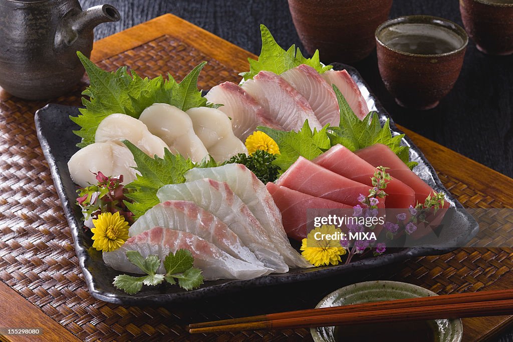 Four Assorted Sashimi, Lean Tuna, Sea Bream, Scallop and Greater Amberjack