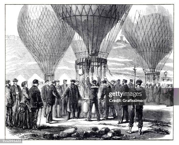 french politicians fleeing paris via hot air balloon during the franco-prussian war in 1870 - 1870 stock illustrations