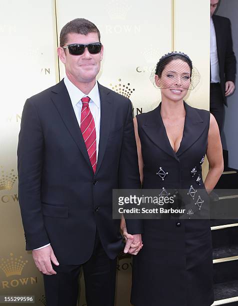 James Packer and Erica Packer attend the Crown marquee on Derby Day at Flemington Racecourse on November 3, 2012 in Melbourne, Australia.