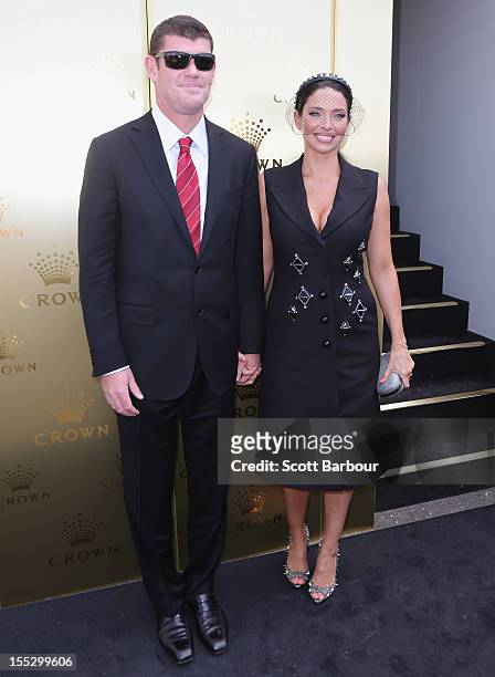 James Packer and Erica Packer attend the Crown marquee on Derby Day at Flemington Racecourse on November 3, 2012 in Melbourne, Australia.