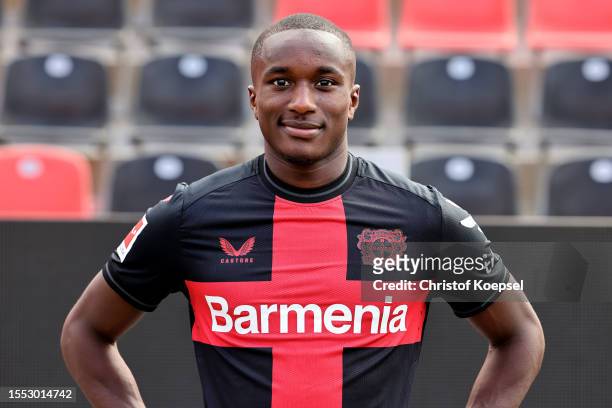 Moussa Diaby of Bayer Leverkusen poses during the team presentation at BayArena on July 18, 2023 in Leverkusen, Germany.