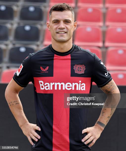 Granit Xhaka of Bayer Leverkusen poses during the team presentation at BayArena on July 18, 2023 in Leverkusen, Germany.