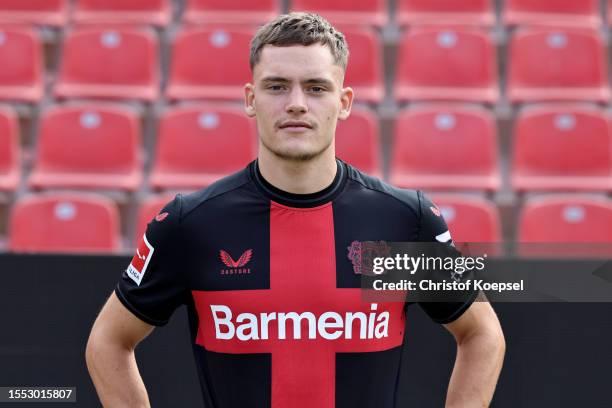 Florian Wirtz of Bayer Leverkusen poses during the team presentation at BayArena on July 18, 2023 in Leverkusen, Germany.