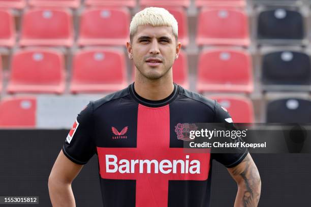 Exequiel Palacios of Bayer Leverkusen poses during the team presentation at BayArena on July 18, 2023 in Leverkusen, Germany.