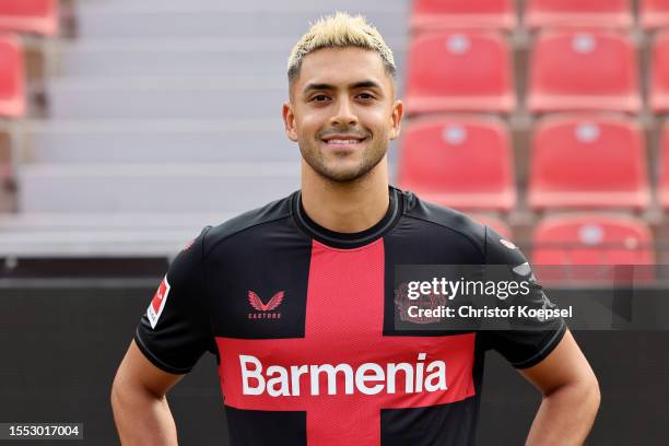 Nadiem Amiri of Bayer Leverkusen poses during the team presentation at BayArena on July 18, 2023 in Leverkusen, Germany.