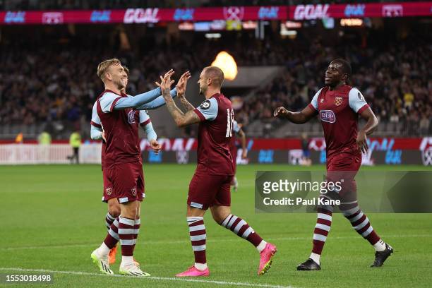 Jarrod Bowen and Danny Ings of West Ham celebrates a goal during the pre-season friendly match between Tottenham Hotspur and West Ham United at Optus...