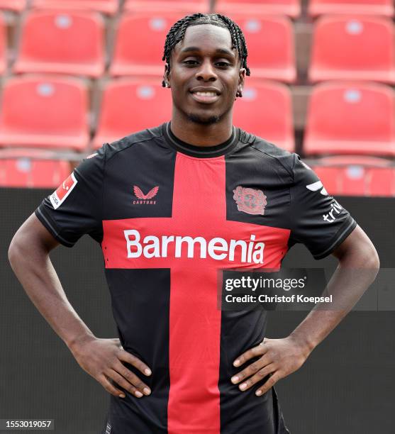 Jeremie Frimpong of Bayer Leverkusen poses during the team presentation at BayArena on July 18, 2023 in Leverkusen, Germany.