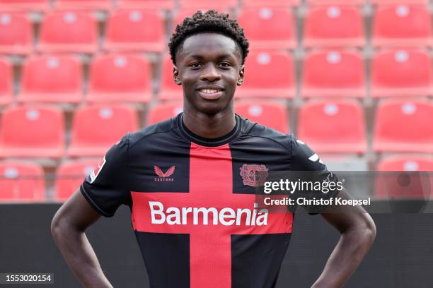 Noah Mbamba of Bayer Leverkusen poses during the team presentation at BayArena on July 18, 2023 in Leverkusen, Germany.