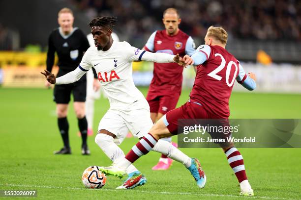 Yves Bissouma of Tottenham makes way closer to goal during the pre-season friendly match between Tottenham Hotspur and West Ham United at Optus...