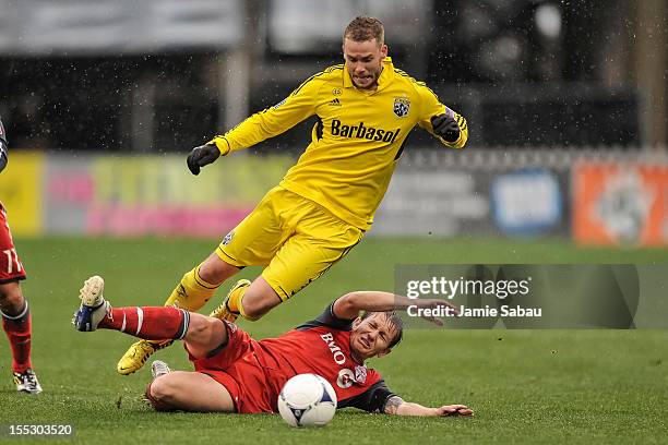 Josh Williams of the Columbus Crew controls the ball as Terry Dunfield of Toronto FC defends on October 28, 2012 at Crew Stadium in Columbus, Ohio.