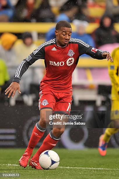 Reggie Lambe of Toronto FC controls the ball against the Columbus Crew on October 28, 2012 at Crew Stadium in Columbus, Ohio.