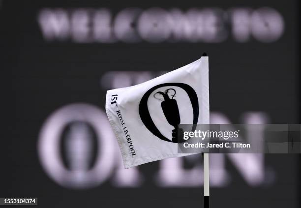 Detailed view of the flag on the 5th green during a practice round prior to The 151st Open at Royal Liverpool Golf Club on July 18, 2023 in Hoylake,...