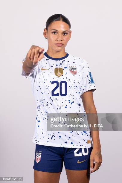 Trinity Rodman of USA poses during the official FIFA Women's World Cup Australia & New Zealand 2023 portrait session on July 17, 2023 in Auckland,...
