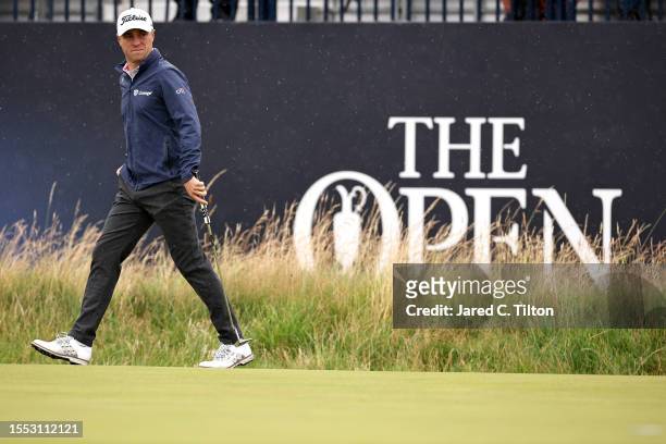 Justin Thomas of the United States walks on the 3rd green during a practice round prior to The 151st Open at Royal Liverpool Golf Club on July 18,...