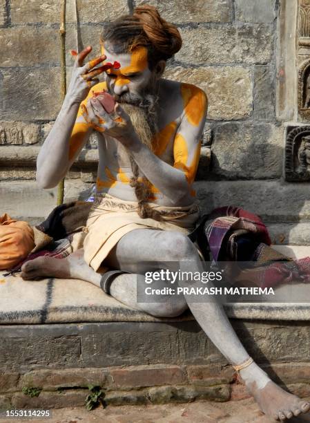 Nepalese Hindu sadhu - holy man - smears coloured paste onto his body at the Pashupatinath in Kathmandu on January 26, 2009. Dozens of sadhus live...