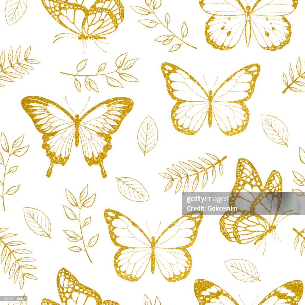 Mariposas monarca doradas y hojas sin costuras con fondo blanco. Elemento de diseño para diseños de tarjetas de felicitación e invitación. Mariposa brillante con textura dorada.