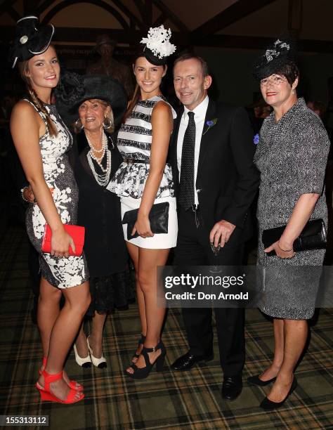 Bridget Abbott, Lillian Frank, Francis Abbott, Tony Abbott and Marg Abbott attend the Emirates marquee on Derby Day at Flemington Racecourse on...