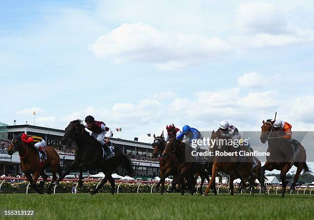 Michael Rodd riding Appearance crosses the line to win race seven the Myer Classic during Victoria Derby Day at Flemington Racecourse on November 3,...