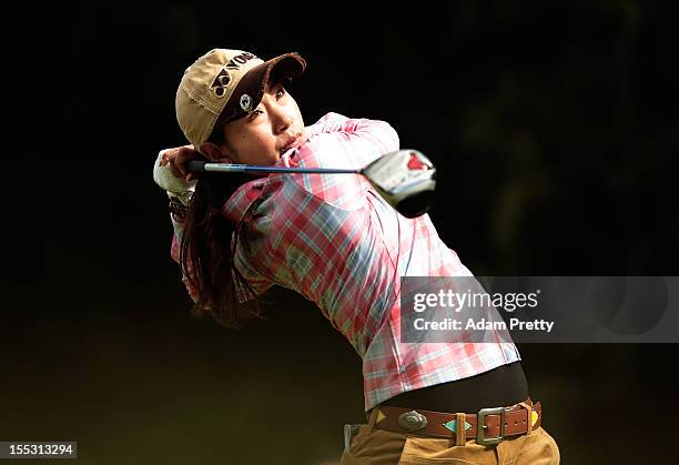 Maiko Wakabayashi of Japan tees off during the second round of the Mizuno Classic at Kintetsu Kashikojima Country Club on November 3, 2012 in Shima,...