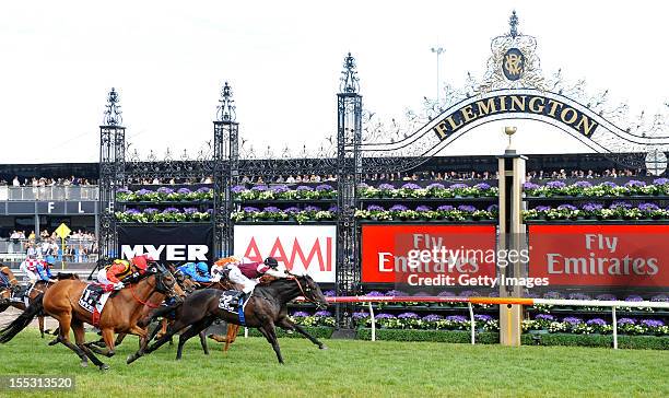 Michael Rodd on Appearance wins the Myer Stakes during AAMI Victoria Derby Day at Flemington Racecourse on November 3, 2012 in Melbourne, Australia.