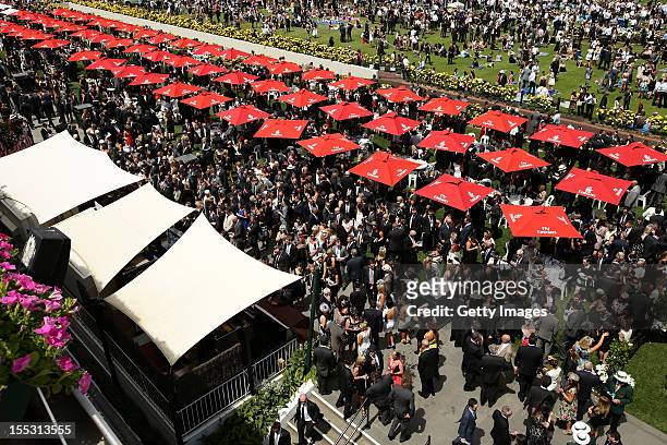 General view of atmosphere on AAMI Victoria Derby Day at Flemington Racecourse on November 3, 2012 in Melbourne, Australia.