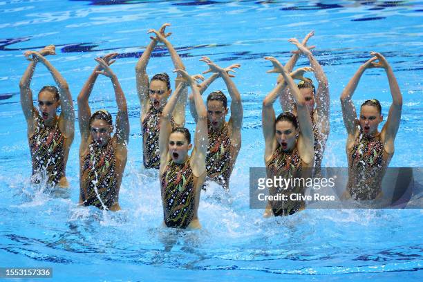 Members of Team Italy compete in the Artistic Swimming Team Technical Final on day five of the Fukuoka 2023 World Aquatics Championships at Marine...
