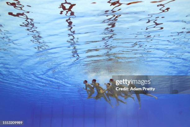 Members of Team Spain compete in the Artistic Swimming Team Technical Final on day five of the Fukuoka 2023 World Aquatics Championships at Marine...