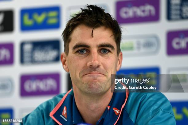Australia captain Pat Cummins speaks to the media during a press conference at Emirates Old Trafford on July 18, 2023 in Manchester, England.
