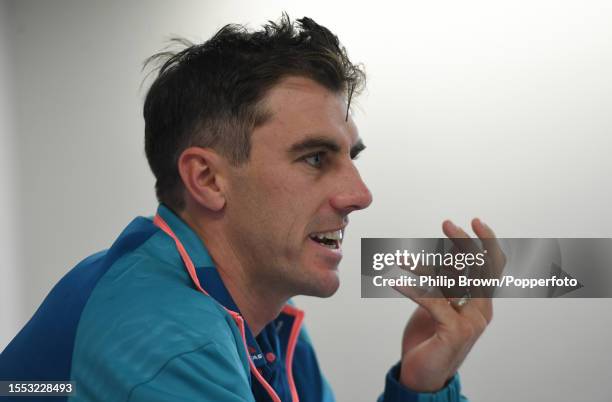 Pat Cummins of Australia talks in a media conference at Emirates Old Trafford on July 18, 2023 in Manchester, England.