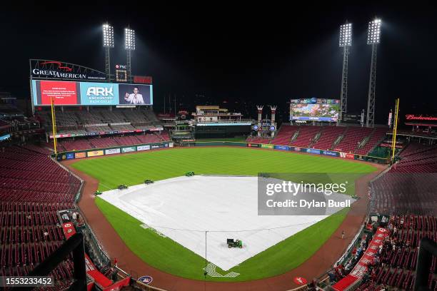 General view of the tarp on the field during a weather delay of the game between the San Francisco Giants and the Cincinnati Reds at Great American...