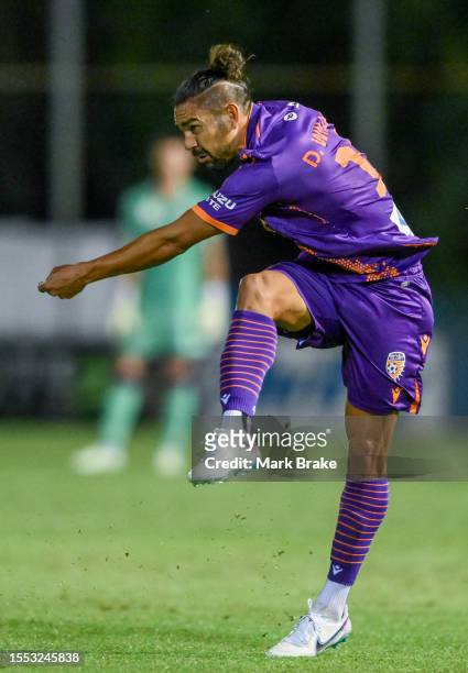 David Williams of Perth Glory shoots for goal during the Australia Cup 2023 Playoffs match between Perth Glory FC and Macarthur FC at Darwin Football...