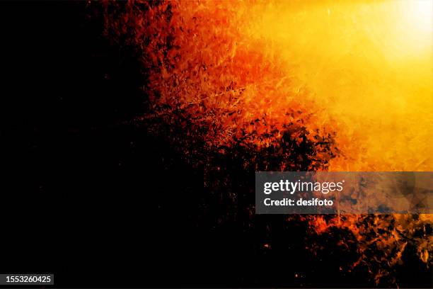 a vibrant bright yellow orange coloured smudged abstract art painting of vibrant sun of fierce dark red or maroon black gradient colored wispy abstract horizontal fiery vector cracked textured effect 3d backgrounds, light originating from top right corner - vector textured effect grunge stock illustrations